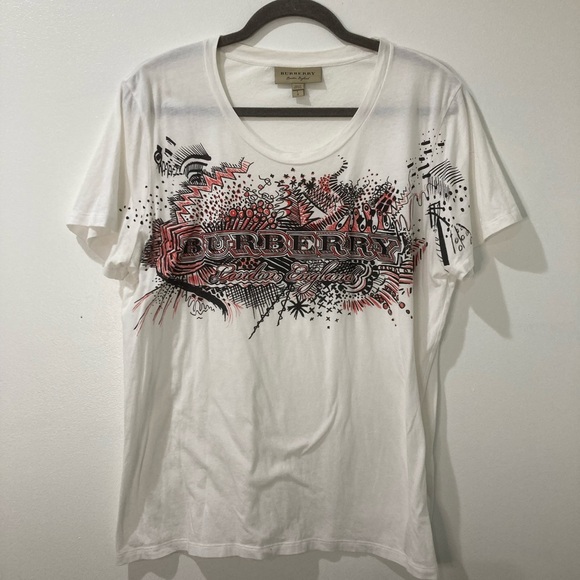 PRELOVED AUTHENTIC WOMENS BURBERRY DOODLE PRINT TSHIRT LARGE - Picture 2 of 6